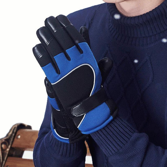 PJ02 Men Winter Windproof Anti-Slip Mittens Gloves Reflective Strip Leather Patchwork Fleece Warm