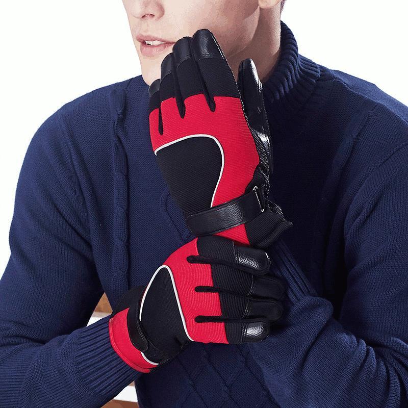 PJ02 Men Winter Windproof Anti-Slip Mittens Gloves Reflective Strip Leather Patchwork Fleece Warm