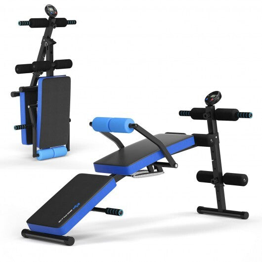 Adjustable Sit Up Bench with LCD Monitor-Blue - Color: Blue