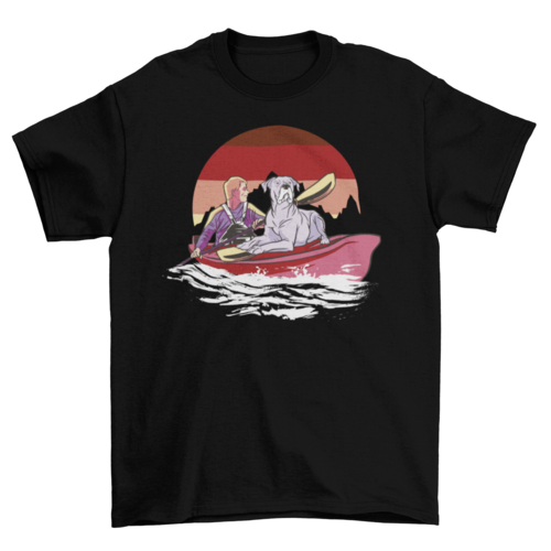 Dog and man in kayak t-shirt